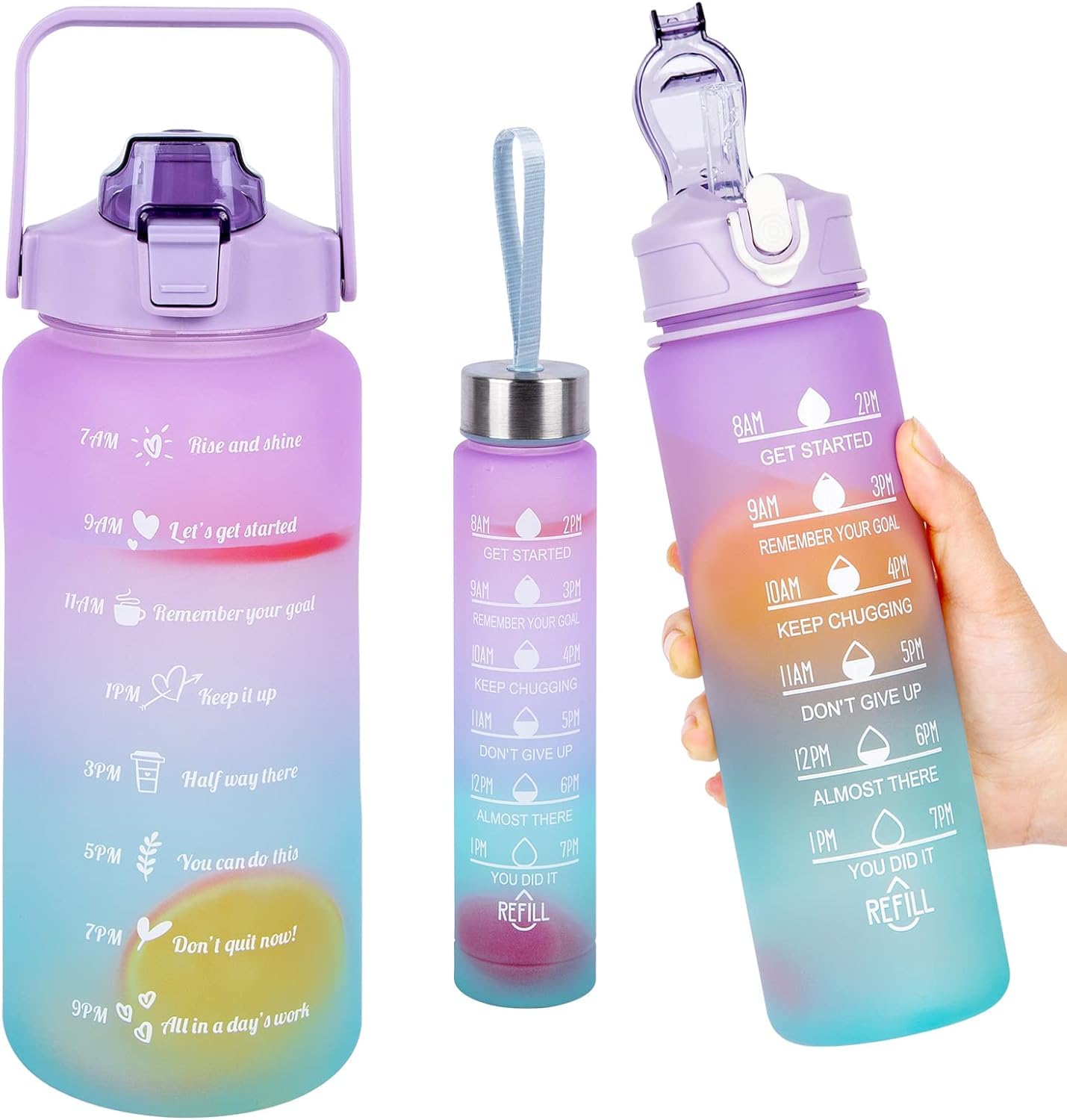 deevudi Motivational Water Bottle Set of 3 With Time & Capacity Marker, Leakproof, BPA-free Straw bottle for Home, Office, School & Gym (2L, 900ml & 280ml, Color- Multicolor)